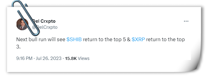 Del Crxpto Says Shiba Inu Will Step into Top 5 While XRP To Surpass USDT in Next Bull Run